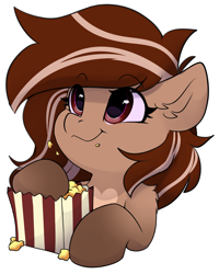 Size: 2953x3691 | Tagged: safe, artist:rileyisherehide, oc, oc only, oc:veruma swirl, bat pony, hybrid, pony, series:munching popcorn, bat pony oc, commission, cute, eating, emoji, female, food, happy, herbivore, high res, hooves, mare, pale belly, popcorn, simple background, smiling, solo, transparent background, watching, ych result