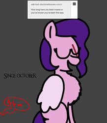 Size: 1237x1417 | Tagged: safe, artist:professorventurer, pipp petals, oc, oc:professor venturer, pegasus, pony, series:ask pippamena, g5, my little pony: a new generation, chest fluff, eyes closed, female, impossibly large chest fluff, mare, october, offscreen character, scar