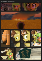 Size: 2565x3720 | Tagged: safe, artist:ponynamedmixtape, wild fire, oc, oc:amber grain, oc:warm winds, earth pony, pony, comic:vrees die gouldveld, afrikaans, backstory, car, dark, dialogue, english, equestria, farm, father and child, father and daughter, female, fire, high res, house, letter, lore, male, passport, radio, text, zebrica