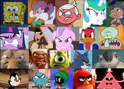 Size: 1991x1436 | Tagged: safe, edit, edited screencap, screencap, diamond tiara, princess celestia, twilight sparkle, alicorn, bird, cat, dog, duck, earth pony, human, pony, robot, skunk, unicorn, between dark and dawn, feeling pinkie keen, ponyville confidential, a goofy movie, angry, angry birds, animaniacs, bigweld, bill cipher, chef, chef skinner, collage, comparison, cricket (insect), donald duck, female, fifi la fume, goofy, gravity falls, gritted teeth, ice age, jiminy cricket, lincoln loud, looney tunes, male, martian, marvin the martian, mike wazowski, monsters inc., pinocchio, ratatoille, red face, robots (movie), scrat, spongebob squarepants, spongebob squarepants (character), squidward tentacles, teeth, the amazing world of gumball, the loud house, tiny toon adventures, tom and jerry, yakko warner