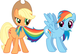 Size: 2906x2064 | Tagged: safe, artist:skie-vinyl, applejack, rainbow dash, earth pony, pegasus, pony, g4, .svg available, applejack's hat, biting, cowboy hat, duo, duo female, female, gritted teeth, hat, high res, hooves, mare, mouth hold, palindrome get, simple background, spread wings, standing, tail, tail bite, tail pull, teeth, transparent background, vector, wings