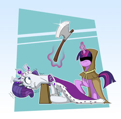 Size: 1376x1356 | Tagged: artist needed, safe, clover the clever, princess platinum, rarity, twilight sparkle, pony, unicorn, g4, axe, chopping block, crown, execution, female, glowing, glowing horn, horn, horn ring, imminent death, imminent decapitation, jewelry, levitation, magic, mare, regalia, regicide, ring, royalty, telekinesis, weapon