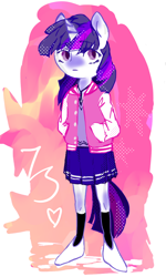 Size: 600x1000 | Tagged: safe, artist:milarvozmido, twilight sparkle, unicorn, anthro, g4, clothes, female, hand in pocket, heart, horn, looking at you, simple background, skirt, solo, varsity jacket, white background