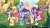 Size: 1136x640 | Tagged: safe, gameloft, applejack, fluttershy, pinkie pie, rainbow dash, rarity, twilight sparkle, alicorn, earth pony, pegasus, pony, unicorn, g4, crown, female, filly, filly applejack, filly fluttershy, filly pinkie pie, filly rainbow dash, filly rarity, filly twilight sparkle, foal, hair over one eye, jewelry, looking at you, mane six, my little pony logo, ponyville, regalia, time paradox, twilight sparkle (alicorn), unicorn twilight, younger