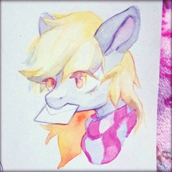 Size: 1080x1080 | Tagged: safe, artist:milarvozmido, derpy hooves, pony, g4, clothes, female, mail, mare, mouth hold, scarf, solo, traditional art, watercolor painting