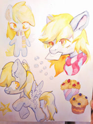 Size: 1080x1440 | Tagged: safe, artist:milarvozmido, derpy hooves, pegasus, pony, g4, bipedal, butt, clothes, eyelashes, female, food, mail, mare, mouth hold, muffin, plot, scarf, stars, traditional art, watercolor painting, wings