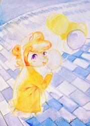 Size: 1080x1505 | Tagged: safe, artist:milarvozmido, pony, balloon, looking at you, solo, traditional art, watercolor painting