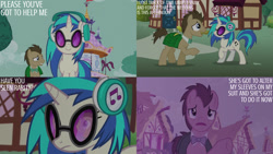 Size: 1280x720 | Tagged: safe, edit, edited screencap, editor:quoterific, screencap, dj pon-3, doctor whooves, time turner, vinyl scratch, earth pony, pony, unicorn, g4, season 5, slice of life (episode), duo, female, headphones, male, mare, open mouth, open smile, smiling, stallion, text