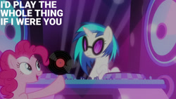 Size: 1280x720 | Tagged: safe, edit, edited screencap, editor:quoterific, screencap, dj pon-3, pinkie pie, vinyl scratch, earth pony, pony, unicorn, g4, season 6, the saddle row review, duo, female, mare, open mouth, open smile, smiling, text