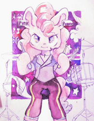 Size: 656x847 | Tagged: safe, artist:milarvozmido, pinkie pie, earth pony, pony, g4, bipedal, clothes, drums, drumsticks, female, hoof hold, looking at you, mare, musical instrument, simple background, solo, traditional art, watercolor painting, white background