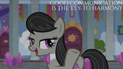 Size: 1280x720 | Tagged: safe, edit, edited screencap, editor:quoterific, screencap, octavia melody, earth pony, pony, a horse shoe-in, g4, season 9, female, mare, open mouth, open smile, school of friendship, smiling, solo, text