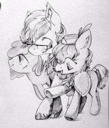 Size: 2254x2661 | Tagged: safe, artist:milarvozmido, earth pony, pony, female, glasses, high res, looking at someone, male, mare, monochrome, raised hoof, stallion, traditional art, trio