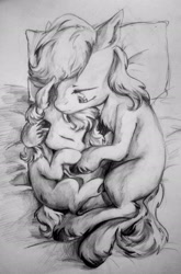 Size: 1991x3013 | Tagged: safe, artist:milarvozmido, earth pony, pony, bed, duo, eyes closed, female, lidded eyes, looking at someone, male, mare, monochrome, pillow, sleeping, stallion, traditional art