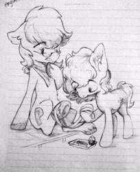 Size: 2210x2713 | Tagged: safe, artist:milarvozmido, earth pony, pony, bandage, duo, female, glasses, high res, lined paper, male, mare, monochrome, mouth hold, raised hoof, scissors, stallion, traditional art