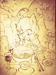 Size: 2121x2828 | Tagged: safe, artist:milarvozmido, oc, oc only, fish, pony, chinese, chopsticks, clothes, drink, drinking, drinking straw, food, high res, looking at something, plate, solo, straw, traditional art