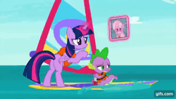 Size: 640x360 | Tagged: safe, screencap, dusty pages, spike, twilight sparkle, alicorn, dragon, earth pony, pony, g4, season 9, the point of no return, animated, bipedal, butt, cute, duo focus, female, gif, gifs.com, grin, lifejacket, magic, male, mare, nose in the air, open mouth, plot, smiling, spikabetes, telekinesis, trio, twibutt, twilight sparkle (alicorn), windsurfing, winged spike, wings, wipeout