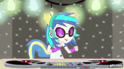 Size: 640x360 | Tagged: safe, screencap, dj pon-3, vinyl scratch, human, equestria girls, g4, my little pony equestria girls: rainbow rocks, shake your tail, animated, dancing, female, gif, gifs.com, headphones, open mouth, open smile, smiling, solo