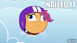 Size: 640x360 | Tagged: safe, edit, edited screencap, editor:quoterific, screencap, scootaloo, pegasus, pony, g4, parental glideance, season 7, animated, derp, female, filly, foal, gif, gifs.com, helmet, nailed it, open mouth, open smile, smiling, solo, text