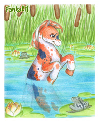 Size: 1280x1577 | Tagged: safe, artist:fankakm, oc, oc only, frog, hybrid, seapony (g4), fin wings, fins, flower, koi pony, male, orange mane, red eyes, reeds, signature, smiling, solo, traditional art, water, wings