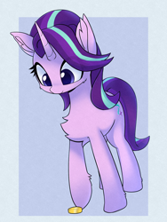 Size: 1392x1851 | Tagged: safe, artist:puetsua, starlight glimmer, pony, unicorn, g4, bits, blue background, cheek fluff, chest fluff, coin, colored pupils, cute, ear fluff, eye clipping through hair, female, fluffy, glimmerbetes, hoof fluff, leg fluff, looking at something, looking down, mare, pushing, raised hoof, simple background, solo