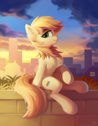 Size: 2241x2880 | Tagged: safe, artist:draconidsmxz, oc, oc only, earth pony, pony, apple, brick wall, chest fluff, city, female, fluffy, food, high res, looking at you, mare, sitting, smiling, solo, zap apple