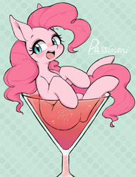 Size: 2472x3200 | Tagged: safe, artist:91o42, pinkie pie, earth pony, pony, g4, abstract background, blushing, cup, cup of pony, cute, diapinkes, drink, female, high res, mare, micro, open mouth, smiling, solo