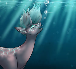 Size: 1280x1152 | Tagged: safe, artist:ocmaniact, oc, oc only, pony, unicorn, blue mane, bubble, crepuscular rays, curved horn, flowing mane, horn, looking up, male, ocean, open mouth, piercing, signature, solo, sparkles, stallion, sunlight, swimming, underwater, water