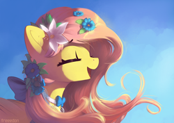 Size: 7016x4961 | Tagged: safe, artist:freeedon, fluttershy, pegasus, pony, g4, absurd file size, absurd resolution, bow, bowtie, converted, cute, eyes closed, female, flower, flower in hair, happy, mare, open mouth, profile, shyabetes, smiling, solo, too big for derpibooru