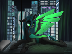 Size: 3000x2250 | Tagged: safe, artist:dash wang, queen chrysalis, changeling, changeling queen, artificial wings, augmented, cyberpunk, female, horn, sad, solo, wings
