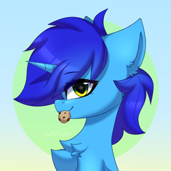 Size: 2160x2160 | Tagged: safe, artist:lunylin, oc, oc only, pony, unicorn, abstract background, bust, chest fluff, cookie, female, food, high res, looking at you, mouth hold, side view, simple background, solo