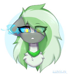 Size: 1495x1600 | Tagged: safe, artist:lunylin, oc, oc only, oc:jade stonesetter, pegasus, pony, abstract background, bust, chest fluff, glowing, glowing eyes, hair over one eye, hypno eyes, hypnosis, jewelry, kaa eyes, looking at you, necklace, simple background, solo, two toned mane