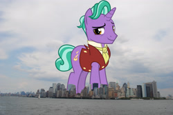 Size: 3872x2592 | Tagged: safe, artist:cheezedoodle96, artist:thegiantponyfan, edit, firelight, pony, unicorn, g4, giant firelight, giant pony, giant unicorn, high res, highrise ponies, irl, looking at you, macro, male, manhattan, mega giant, new york, new york city, photo, ponies in real life, smiling, solo, stallion