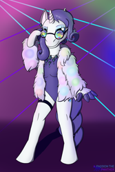 Size: 1400x2100 | Tagged: safe, artist:passionpanther, rarity, unicorn, anthro, unguligrade anthro, series:plur is magic, g4, clothes, fashion, finger hooves, fur coat, glasses, jacket, leotard, party, rave, solo