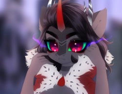 Size: 1177x902 | Tagged: safe, artist:shenki, king sombra, unicorn, anthro, g4, blurry background, bust, cape, clothes, crown, ear fluff, eyelashes, jewelry, looking at you, portrait, regalia, solo, sombra eyes, sombra's cape