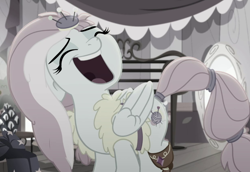 Size: 824x568 | Tagged: safe, screencap, kerfuffle, pegasus, pony, g4, my little pony: rainbow roadtrip, clothes, cropped, desaturated, eyes closed, laughing, open mouth, solo, volumetric mouth