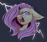 Size: 1163x1054 | Tagged: safe, artist:melodylibris, fluttershy, bat pony, pegasus, pony, bat ponified, bust, chest fluff, ears back, fangs, female, flutterbat, hair over one eye, lightning, mare, mid-transformation, open mouth, race swap, slit pupils, snarling, solo, teary eyes