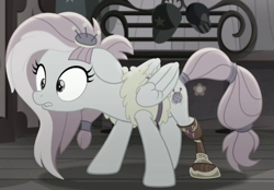 Size: 570x397 | Tagged: safe, screencap, kerfuffle, pegasus, pony, g4, my little pony: rainbow roadtrip, amputee, cropped, desaturated, female, mare, prosthetic leg, prosthetic limb, prosthetics, solo