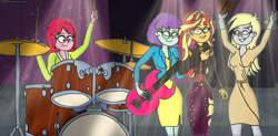 Size: 1280x630 | Tagged: safe, artist:rdj1995, blueberry pie, derpy hooves, raspberry fluff, sunset shimmer, human, equestria girls, g4, concert, drums, electric guitar, female, group, guitar, microphone, musical instrument, quartet, the muffins