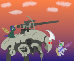 Size: 3000x2500 | Tagged: safe, artist:xada, oc, oc only, oc:emperor bigpip, oc:harmonious percussion, alicorn, pony, robot, unicorn, alicorn oc, blonde mane, cannon, clothes, cloud, flying, gradient background, gray coat, green coat, green eyes, gun, heart, herm, high res, horn, intersex, magic, male, male herm, pickaxe, purple mane, rimworld, robe, sitting, telekinesis, unicorn oc, weapon, wings