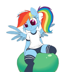 Size: 1080x1080 | Tagged: safe, artist:fajnyziomal, rainbow dash, pegasus, pony, semi-anthro, adorasexy, cheek fluff, clothes, commission, cute, dashabetes, exercise ball, gym shorts, gym uniform, ponytail, school uniform, sexy, shirt, simple background, smiling, socks, solo, spread legs, spread wings, spreading, stockings, stupid sexy rainbow dash, t-shirt, thigh highs, white background, wings, workout, your character here