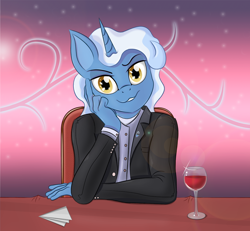 Size: 1158x1069 | Tagged: safe, artist:zorgycuddles, pokey pierce, unicorn, anthro, g4, alcohol, clothes, date, dinner, evil grin, eyebrows, glass, grin, horn, looking at you, male, sitting, smiling, smiling at you, solo, suit, wine, wine glass