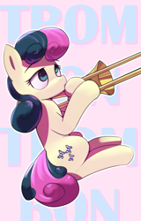Size: 1533x2400 | Tagged: safe, artist:vultraz, bon bon, sweetie drops, earth pony, pony, g4, abstract background, bonpun, dexterous hooves, female, hoof hold, mare, musical instrument, pun, sitting, solo, trombone