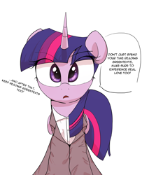 Size: 2910x3580 | Tagged: safe, artist:vultraz, twilight sparkle, alicorn, pony, g4, breaking the fourth wall, clothes, dialogue, eye clipping through hair, female, frown, high res, looking at you, mare, open mouth, simple background, solo, speech bubble, suit, talking, talking to viewer, text, twilight sparkle (alicorn), white background