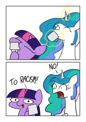 Size: 2598x3661 | Tagged: safe, artist:vultraz, princess celestia, twilight sparkle, alicorn, pony, unicorn, g4, 2 panel comic, cheers, comic, dialogue, distressed, drawthread, drinking, duo, female, high res, hoof hold, i can't believe it's not tjpones, levitation, magic, mare, no, open mouth, racism, squatpony, style emulation, talking, telekinesis, toasting, twiggie