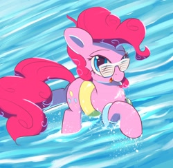 Size: 3078x3000 | Tagged: safe, artist:vultraz, pinkie pie, earth pony, pony, g4, cute, diapinkes, female, glasses, high res, inflatable, mare, open mouth, raised hoof, solo, swimming, water