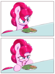 Size: 2070x2789 | Tagged: safe, artist:vultraz, pinkie pie, earth pony, pony, g4, 2 panel comic, comic, donut, drawthread, female, food, herbivore, high res, mare, plate, requested art, simple background, solo, table, vegetables, white background