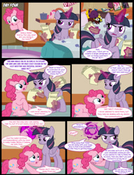 Size: 1042x1358 | Tagged: safe, artist:dendoctor, mean twilight sparkle, pinkie pie, alicorn, earth pony, pony, comic:clone.., g4, alternate universe, bed, blanket, clone, comic, crying, doctor who, female, fire, glowing, glowing horn, horn, magic, pillow, pinkie clone, plushie, telekinesis, toy, twilight sparkle (alicorn)