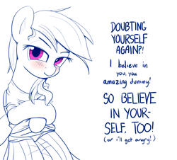 Size: 3000x2708 | Tagged: safe, artist:vultraz, rainbow dash, pegasus, pony, g4, bipedal, blushing, clothes, cute, drawthread, encouragement, female, high res, looking at you, mare, ponified, positive ponies, scrunchy face, shirt, simple background, skirt, solo, tsunderainbow, tsundere, white background
