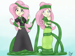 Size: 2724x2036 | Tagged: safe, artist:bageloftime, fluttershy, human, equestria girls, g4, ponies of dark water, bondage, clothes, dress, duality, duo, evil smile, female, gown, grin, gritted teeth, high res, long dress, long skirt, poison ivyshy, scared, skirt, smiling, teeth, vine, vine bondage