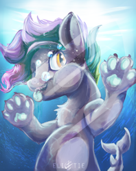 Size: 2160x2722 | Tagged: safe, artist:elicitie, oc, oc only, original species, pony, shark, shark pony, bubble, chest fluff, commission, crepuscular rays, fish tail, flowing mane, grin, high res, looking at you, signature, smiling, solo, sunlight, tail, teeth, tongue out, underwater, water, yellow eyes